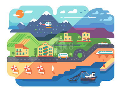 Coastal resort town beach city flat illustration kit8 mountain seaside transport travel vector vocation waterfront