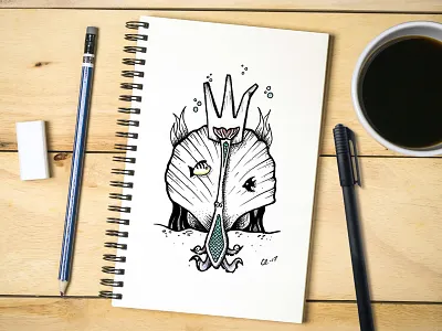 Dinglehopper on a Half Shell ariel coffee drawing fish illustration ink movies pen pencil sketch