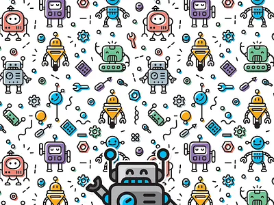 Funny Robot Pattern android clip art colorful cute flat illustration pattern robot seamless steam steampunk tech technology vector