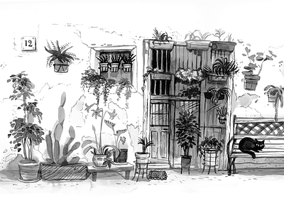 relax black and white cactus cat house illustration ink magazine painting plants summer