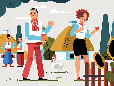 Ukrainian scene characters chicken cossacks hen landscape man shapes sunflowers ukraine ukrainian village woman