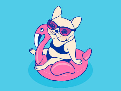 Frenchie enjoys Summer on Flamingo Pool Float in swimming pool bikini dog drawing flamingo pool float french bulldog frenchie illustration pet puppy summer swim suit swimming pool