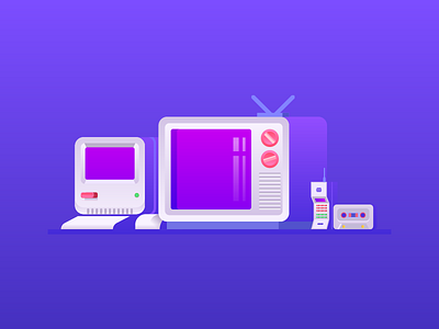 Old equipment cassette computer detergent equipment flat icon illustration old phone tv