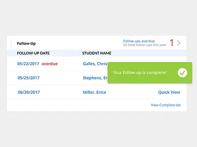 Follow-Up confirmation dashboard enterprise overdue quickview ux