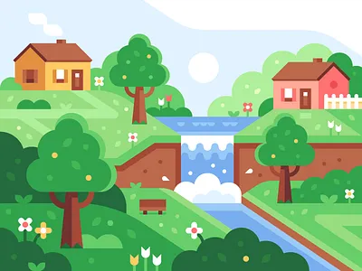 Neighbors house illustration landscape waterfall