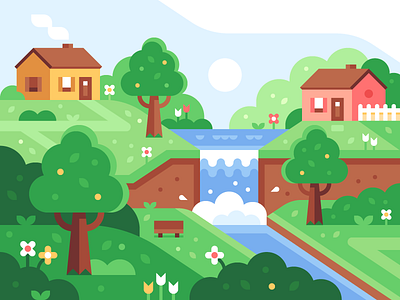 Neighbors house illustration landscape waterfall