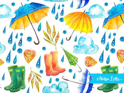 Rainy day bright cloud drop leaf pattern rain seamless spring surface design umbrella watercolor weather