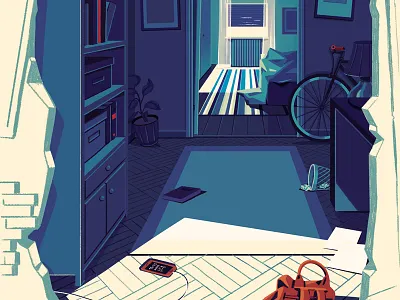 Earthquake apartment blue drawing earthquake editorial geometric illustration interior