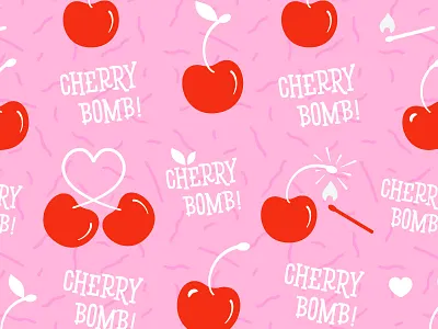 Cherry Bomb! Pattern Illustration cherries cute fabric fire fruit hearts match memphis pink pistacho seamless spoonflower