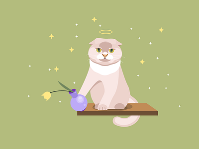 7 Days 7 Cats - day 7 angel animal cat challenge flat flower fluffy green illustration yellow