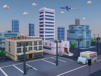 City scene 🏠🏙️🚑✈️ airplane ambulance animation c4d city illustration jet low poly lowpoly sun tower uiux