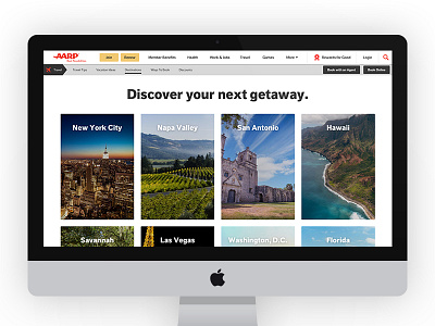 AARP Travel Destinations Concept aarp cards clean desktop grid siteworx travel ui ux white