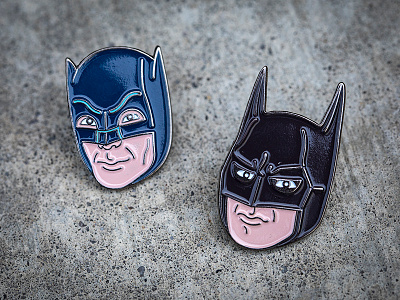 Batman Enamel Pins 1960s 1980s adam west batman caped crusader dark knight dynamic duo enamel pin illustration michael keaton monoline