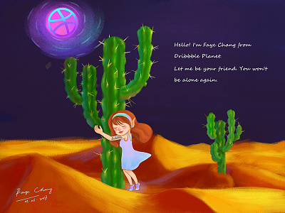 Hello Dribbble! cactus girl hand drawing illustration lonely love planet