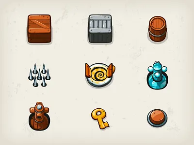 Maze Bandit Objects - part 1 barrel button cannon crate game key maze bandit mobile objects spikes