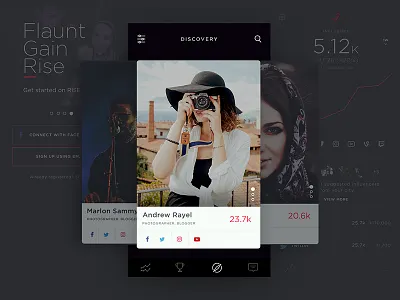 Social Media Influencer app - Dark Theme darktheme darkui dashboard discover discovery media profilecard social