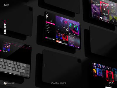 BEATIX - Electronic Music App iPad Pro UI/UX Design animation app bitcoin blockchain branding btc crypto design graphic design illustration ipad minimal minimalist music ui ux web3