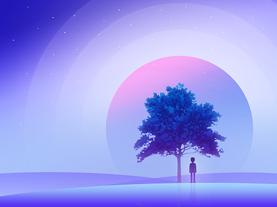 Lonely moon! alone colors gradient horizon illustration moon reflection silhouette sky stars tree