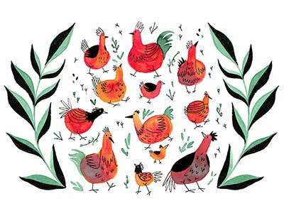 Chickens Print birds chickens country farm folk art illustration ink roosters traditional art traditional media