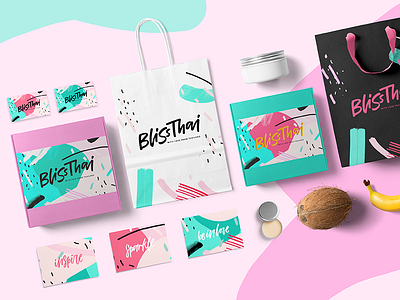 Bliss Thai brand identity banana beauty branding coco coconut color pop lettering pink style