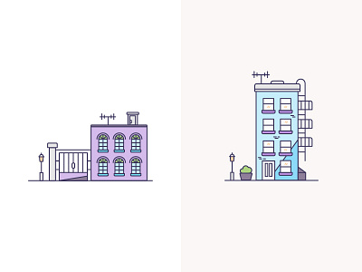 An apartment and a rather old house apartment building city flat house illustration line old