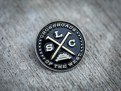 SLC Crossroads Enamel Pin badge black crossroads of the west enamel pin gold golden spike locomotive rail spike railroad salt lake city slc utah