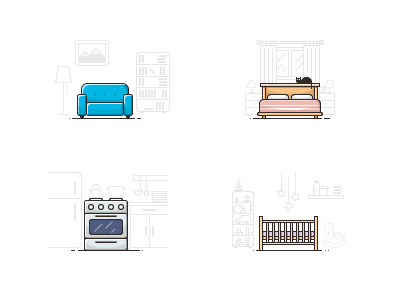 Rooms bedroom icons interior kitchen nursery room