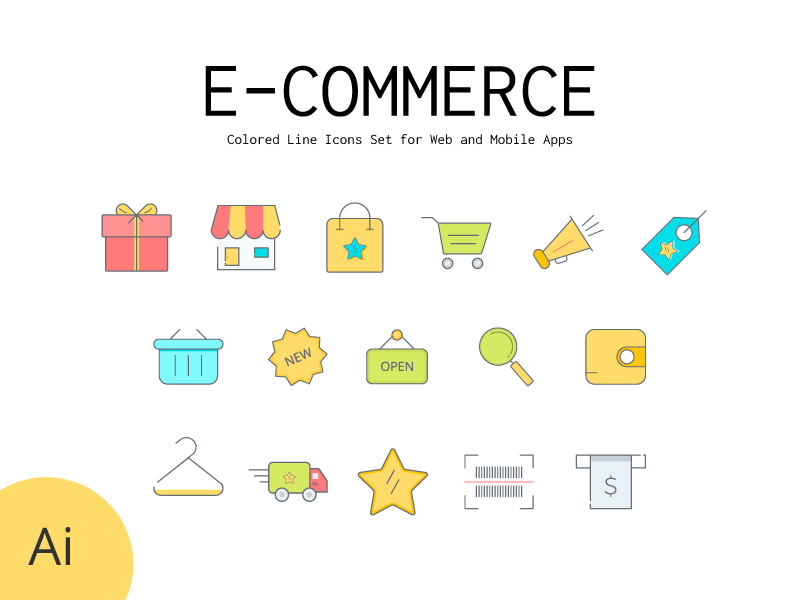 Colored Line Icons Set | E-Commerce, Shopping ai clean download filled free freebie icon set startup ui ux web