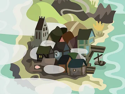 Map detail of Rumsmuggler atlas board game graphic illustration map pirate sea vector village