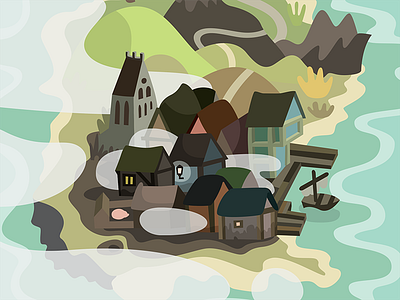 Map detail of Rumsmuggler atlas board game graphic illustration map pirate sea vector village