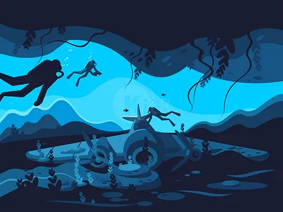 Sunken plane aircraft diving flat illustration kit8 ocean plane sunken vector