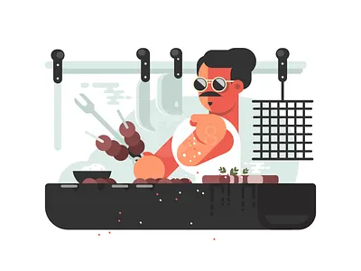 Barbecue ban character chef cook flat illustration kebab kit8 meat vector