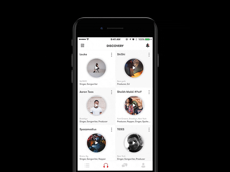 Discovery Filters card connection discovery filter grid modal music musician player pop up soundcloud treble