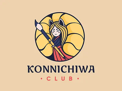 Konnichiwa club: kitsune anime brush chibi fox girl japan japanese kitsune konnichiwa logo paint yellow