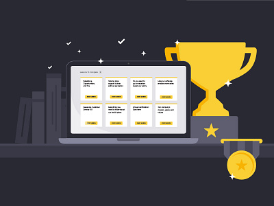 Lessonly Unused Home Page Illustration books computer laptop lessonly lms medal shelf software trophy