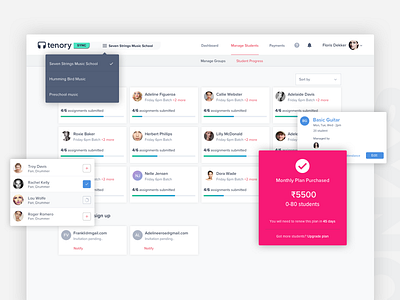 TenorySync Creative Class Management Software admin class dashboard payment profile search student subscription tenory ui user dashboard web design