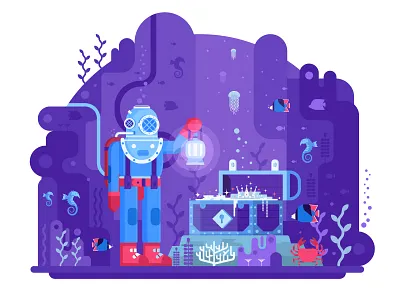Deep Diver and Sea Treasures Concept deep diving diver diving suit retro diver sea treasures seabed underwater world vintage diver