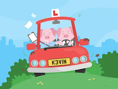 What's that coming over the hill? car driving driving test flat design illustration learner pig piglet vector