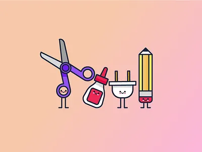 Handcrafting items character cute glue handcraft items kawaii pencil school scissors utensil vector