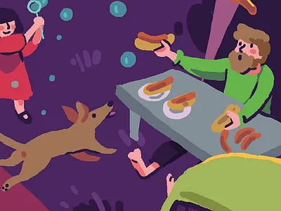 Summer night bubble camping dog hot dog illustration man night picnic puppy summer surprise