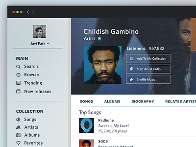 Soundr - Music App childish gambino debut desktop app first shot mac modern music ui web