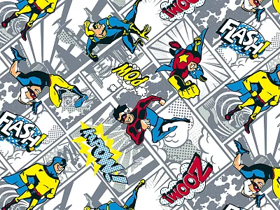 Comic Panel Print childrens apparel seamless repeat superheroes textile wallpaper