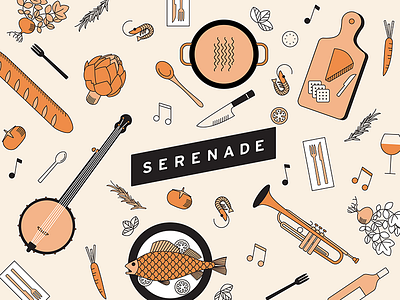 Serenade Illustrations banjo cheese fish food illustration music trumpet vegetables wine