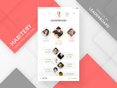HABITERY: Idea Journal Challenge #1.4 app clean daily ui design game habitery idea journal leaderboard mobile rank square white