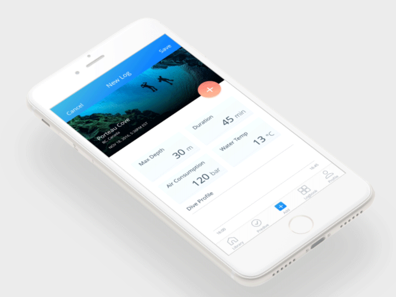 Basic Logging and Advance Logging animation app clean diving interface ios iphone scuba stats ui ux