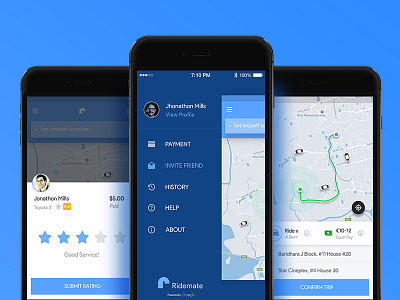 Ridemate - Car Sharing & Booking App booking clean lyft map payment rating ride share sidebar uber vehicle