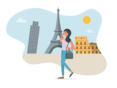 EU Roaming character colloseum eiffel tower eu roaming europe flat colour idmobile illustration mobile phone pisa woman