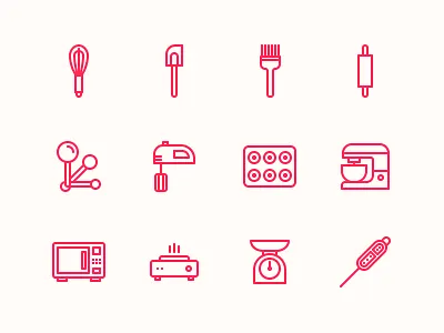 Baking Tools & Equipment Icons baking brush icon iconography illustrator line oven pixel perfect scale spoon thermometer vector