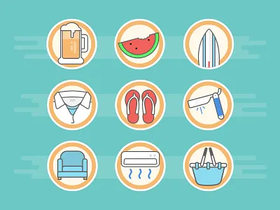 Summer Icon Set ac beer chair cooler couch flip flop icons razor sandals summer surfboard watermelon