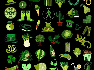 50 Shades of Green boots clothing food frog gecko green illustration objects shades ship tree